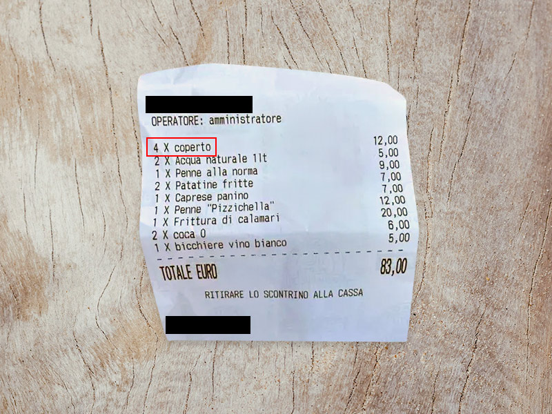 ticket en italie avec la mention coperto