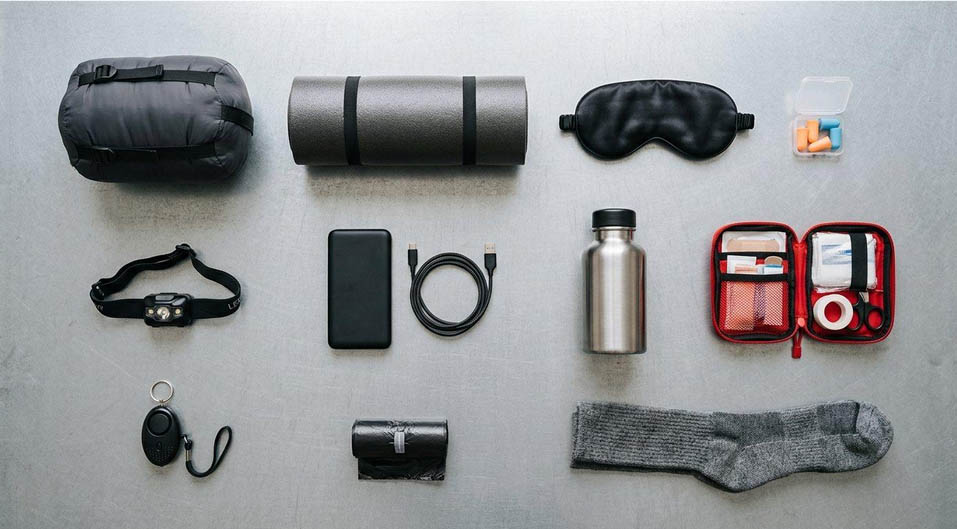 Tout ce qu’il faut pour une nuit en voiture tient dans un sac de sport. En bas à gauche, l’alarme personnelle : le seul objet qui vous suit dehors.